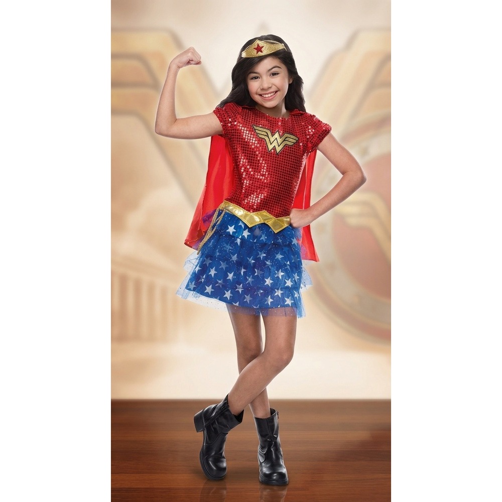 DC Comics Wonder Woman Costume Girls 4-6 Red Blue Dress Cape Tiara Belt